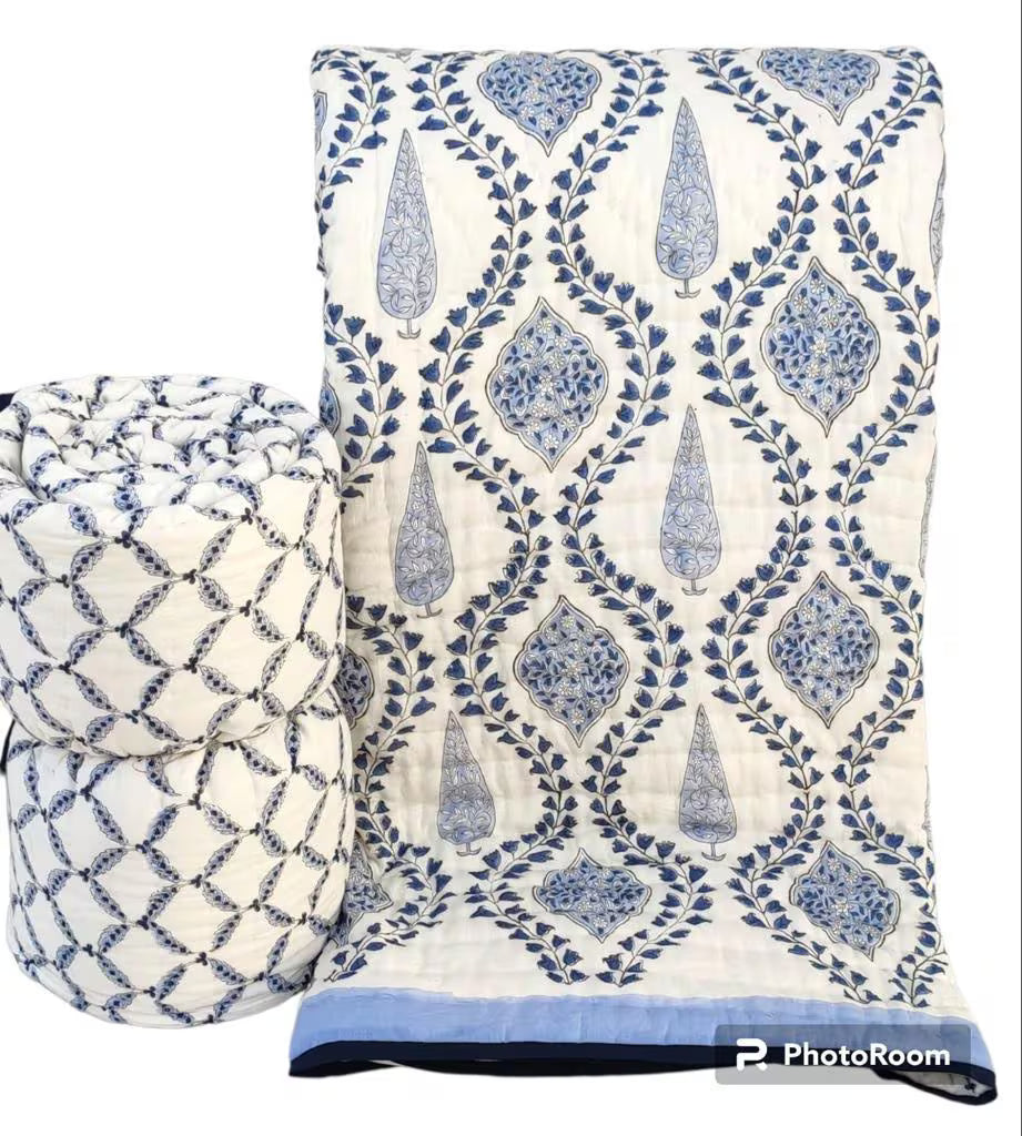 Reversible Cotton Razai & Quilt | Blue Floral Block Print