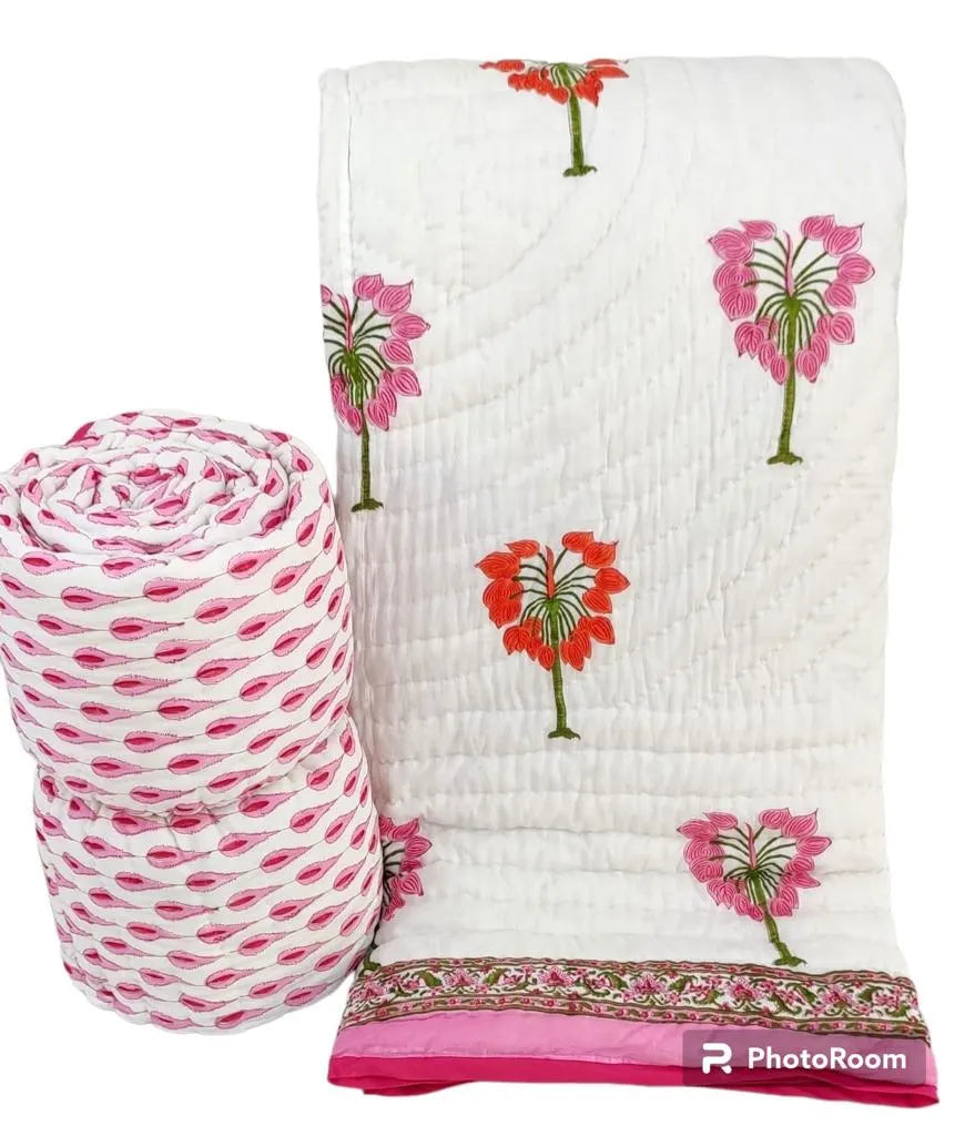 Reversible Cotton Razai & Quilt | Pink Floral Block Print