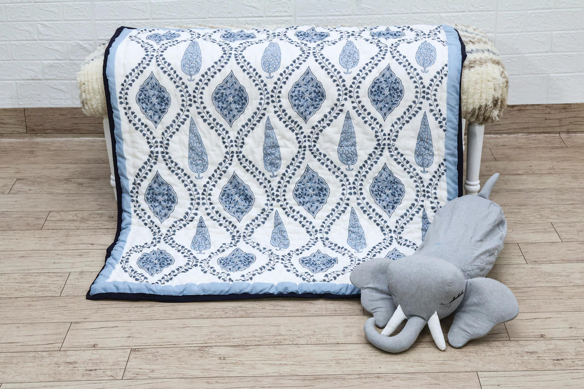 Reversible Cotton Razai & Quilt | Blue Floral Block Print