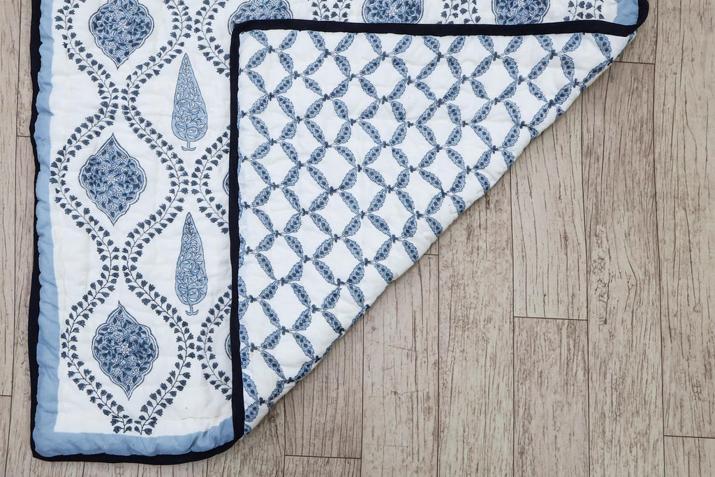 Reversible Cotton Razai & Quilt | Blue Floral Block Print