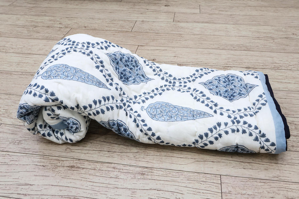 Reversible Cotton Razai & Quilt | Blue Floral Block Print
