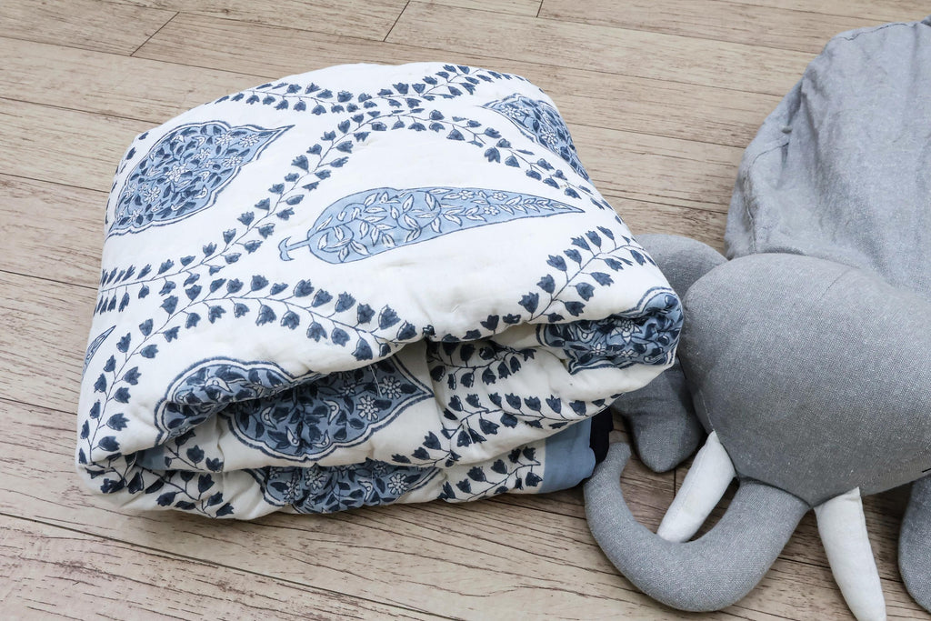 Reversible Cotton Razai & Quilt | Blue Floral Block Print
