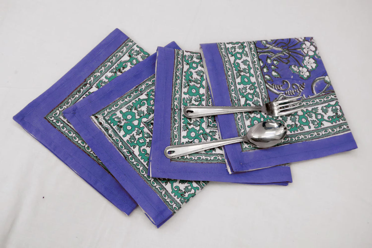 Hand Block Printed Cotton Napkins | Elegant Table Linen- Purple and Green