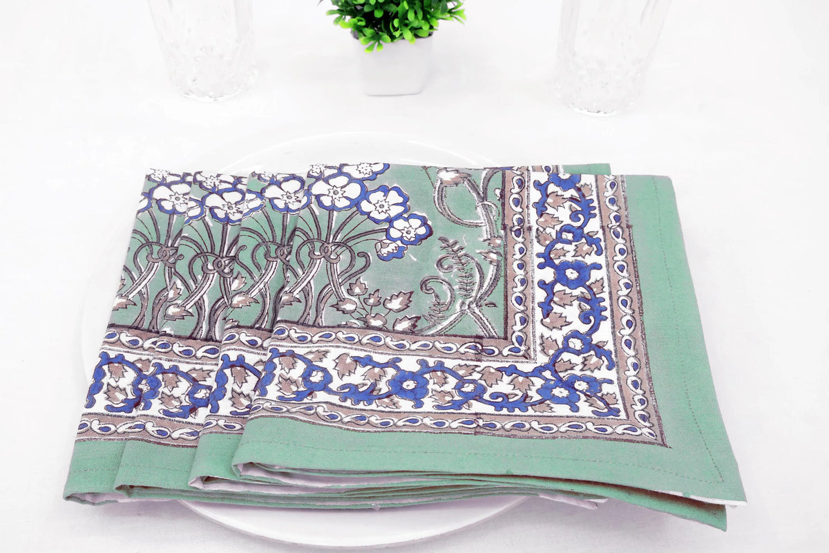 Hand Block Printed Cotton Napkins | Elegant Table Linen- Green and Blue
