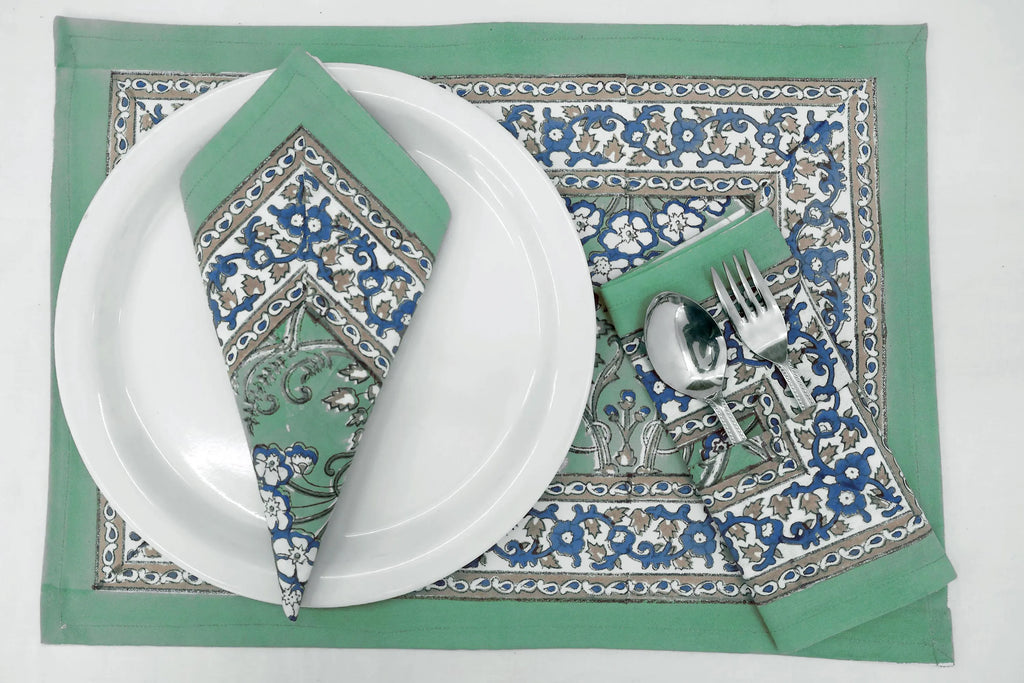 Hand Block Printed Cotton Napkins | Elegant Table Linen- Green and Blue