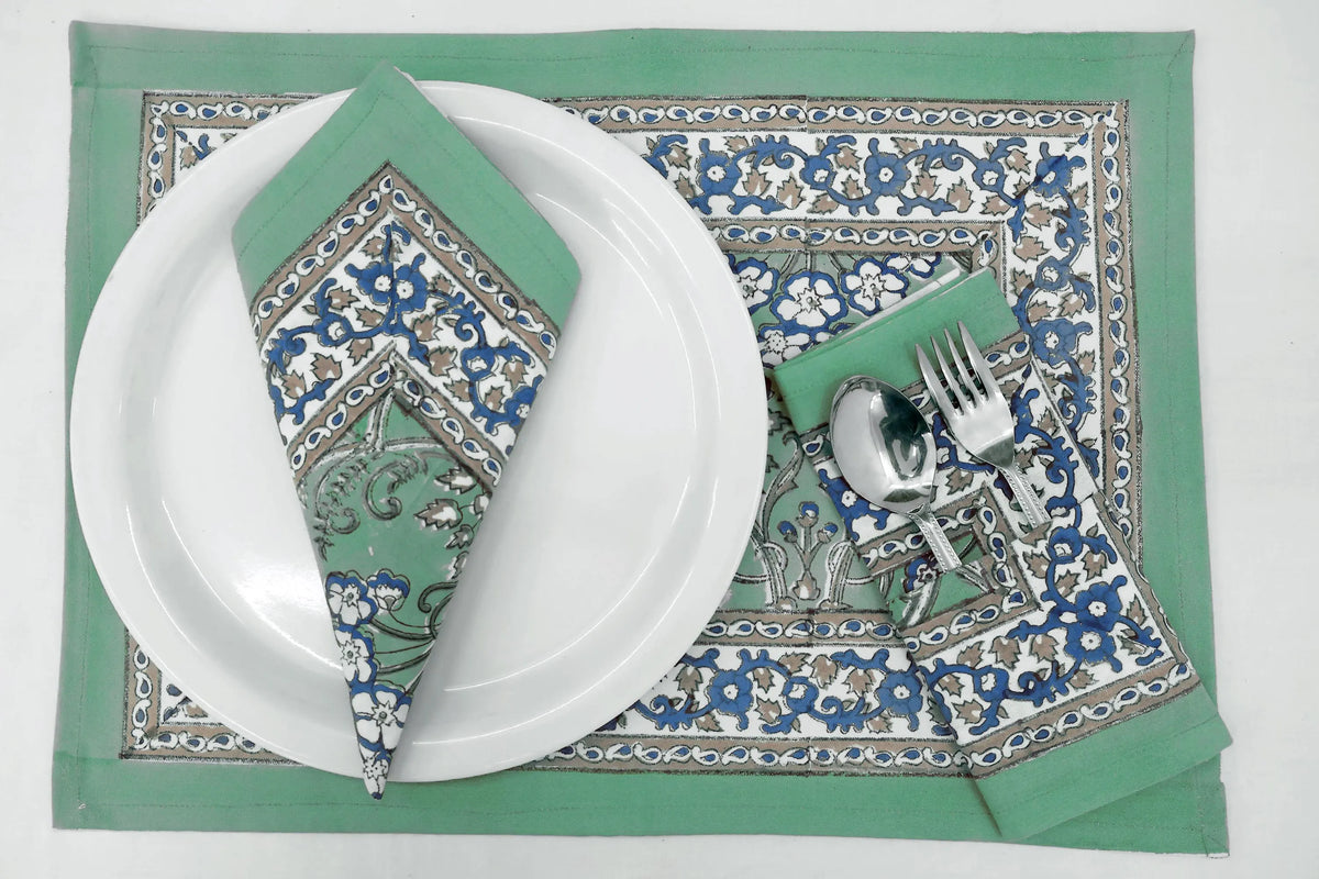 Hand Block Printed Cotton Napkins | Elegant Table Linen- Green and Blue