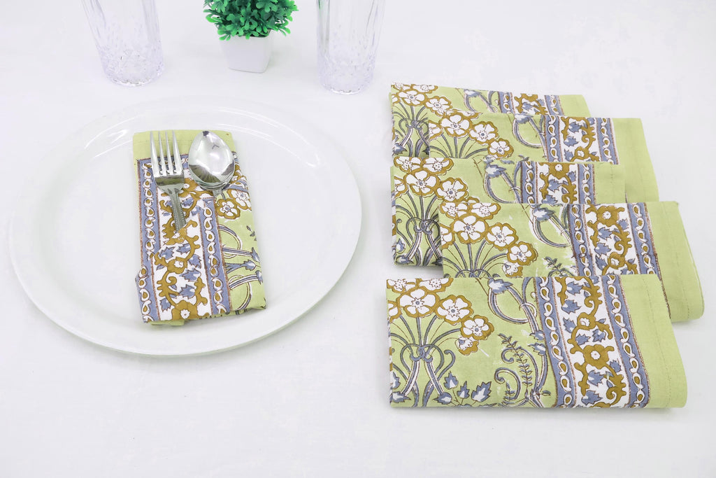 Hand Block Printed Cotton Napkins | Elegant Table Linen- Olive Green and Purple