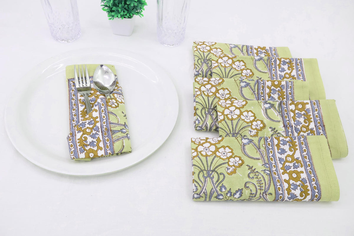 Hand Block Printed Cotton Napkins | Elegant Table Linen- Olive Green and Purple