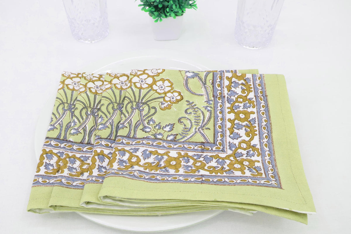 Hand Block Printed Cotton Napkins | Elegant Table Linen- Olive Green and Purple