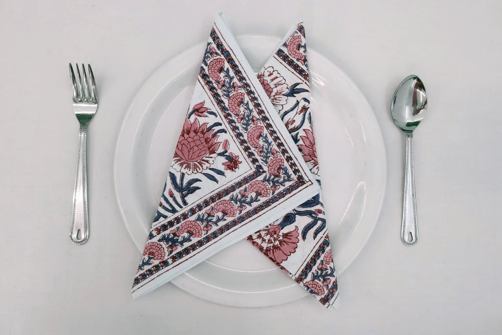 Hand Block Printed Cotton Napkins | Elegant Table Linen- Pink and Blue