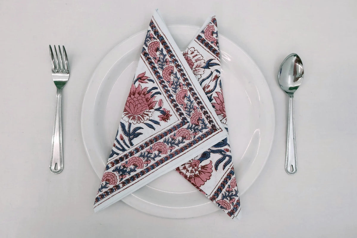 Hand Block Printed Cotton Napkins | Elegant Table Linen- Pink and Blue