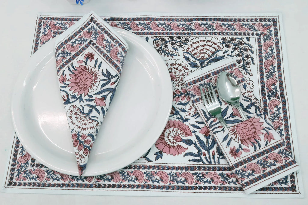 Hand Block Printed Cotton Napkins | Elegant Table Linen- Pink and Blue