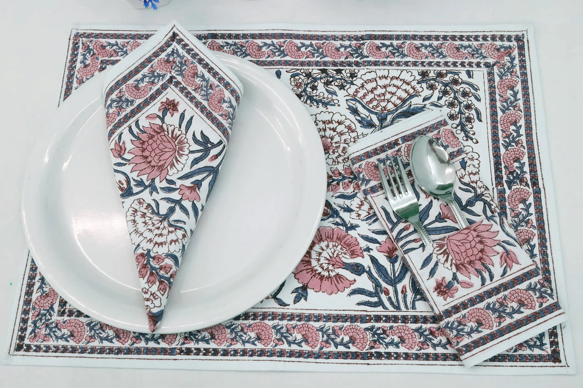 Hand Block Printed Cotton Napkins | Elegant Table Linen- Pink and Blue