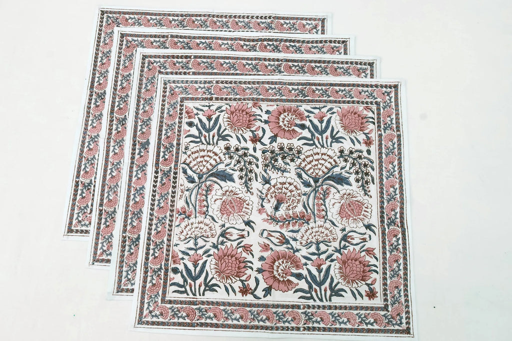 Hand Block Printed Cotton Napkins | Elegant Table Linen- Pink and Blue