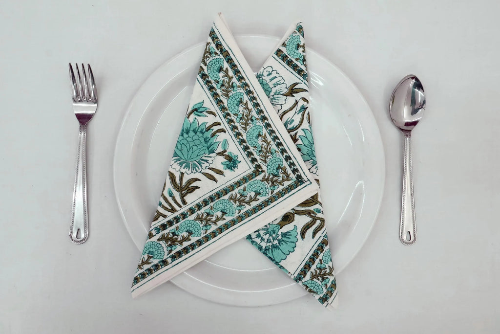 Hand Block Printed Cotton Napkins | Elegant Table Linen- Sky-Blue and Brown