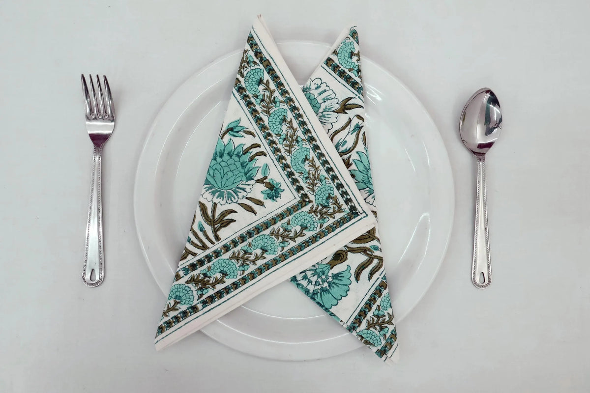 Hand Block Printed Cotton Napkins | Elegant Table Linen- Sky-Blue and Brown