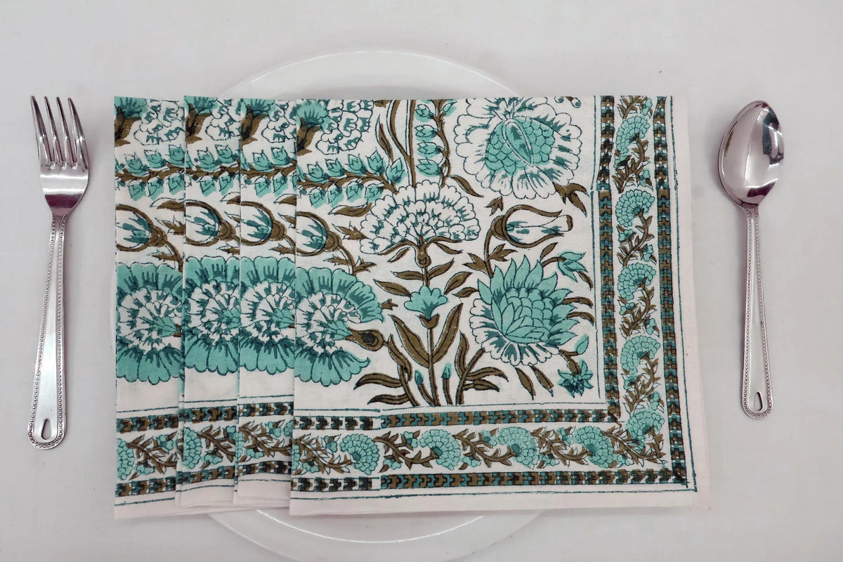 Hand Block Printed Cotton Napkins | Elegant Table Linen- Sky-Blue and Brown