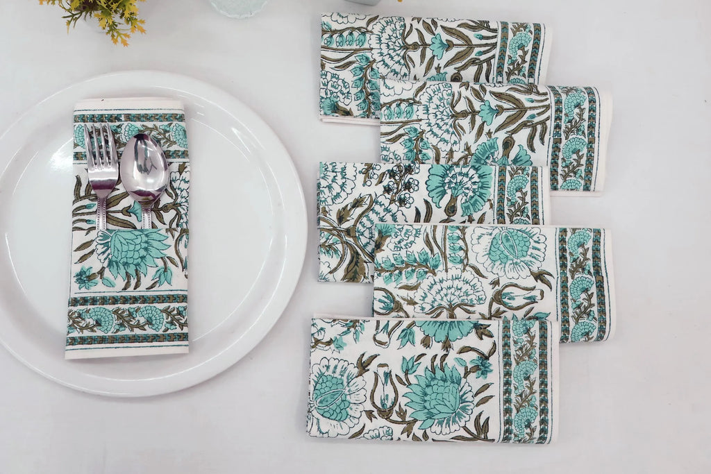 Hand Block Printed Cotton Napkins | Elegant Table Linen- Sky-Blue and Brown