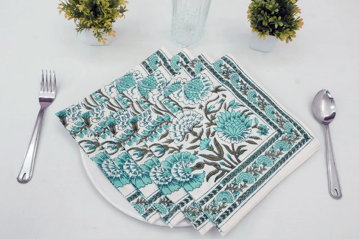 Hand Block Printed Cotton Napkins | Elegant Table Linen- Sky-Blue and Brown