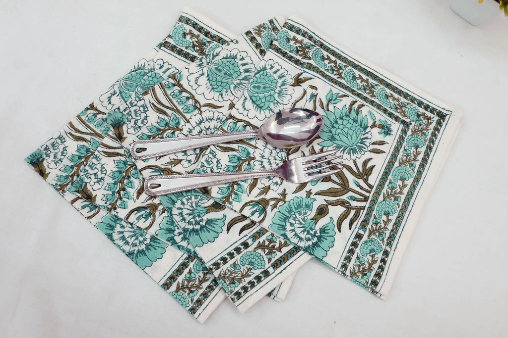 Hand Block Printed Cotton Napkins | Elegant Table Linen- Sky-Blue and Brown