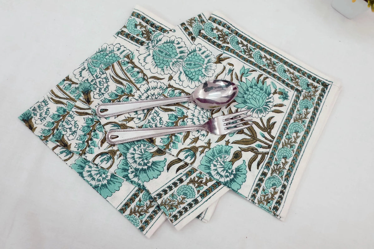 Hand Block Printed Cotton Napkins | Elegant Table Linen- Sky-Blue and Brown