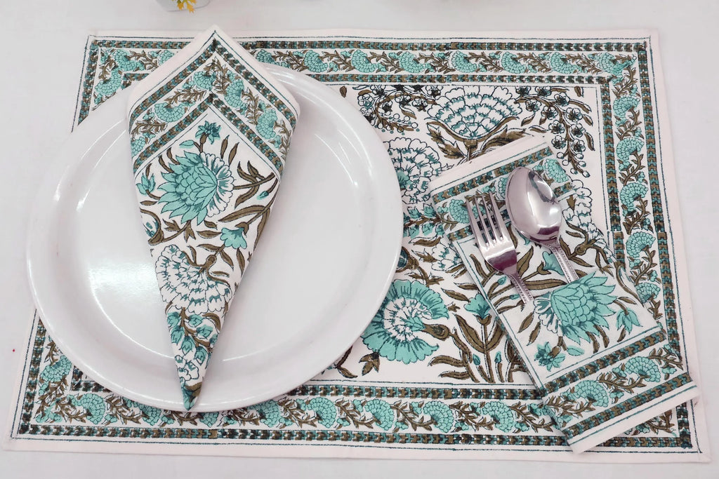 Hand Block Printed Cotton Napkins | Elegant Table Linen- Sky-Blue and Brown