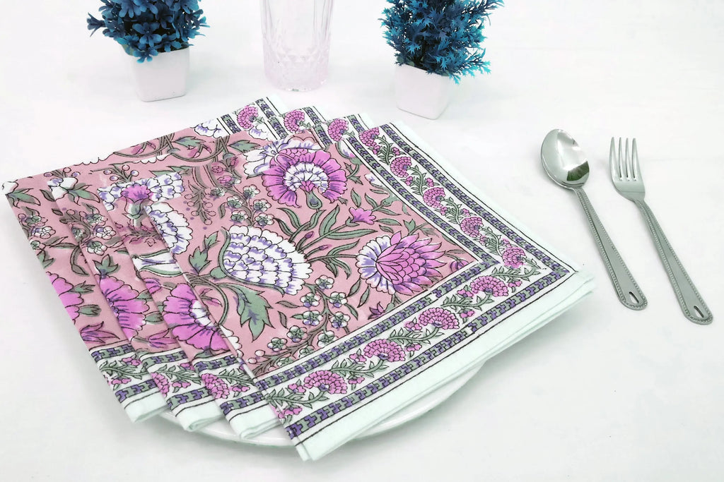 Hand Block Printed Cotton Napkins | Elegant Table Linen- Pink and Green