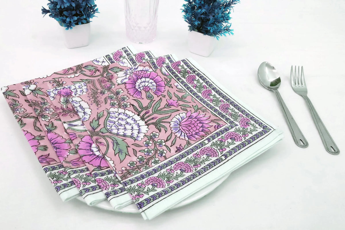 Hand Block Printed Cotton Napkins | Elegant Table Linen- Pink and Green