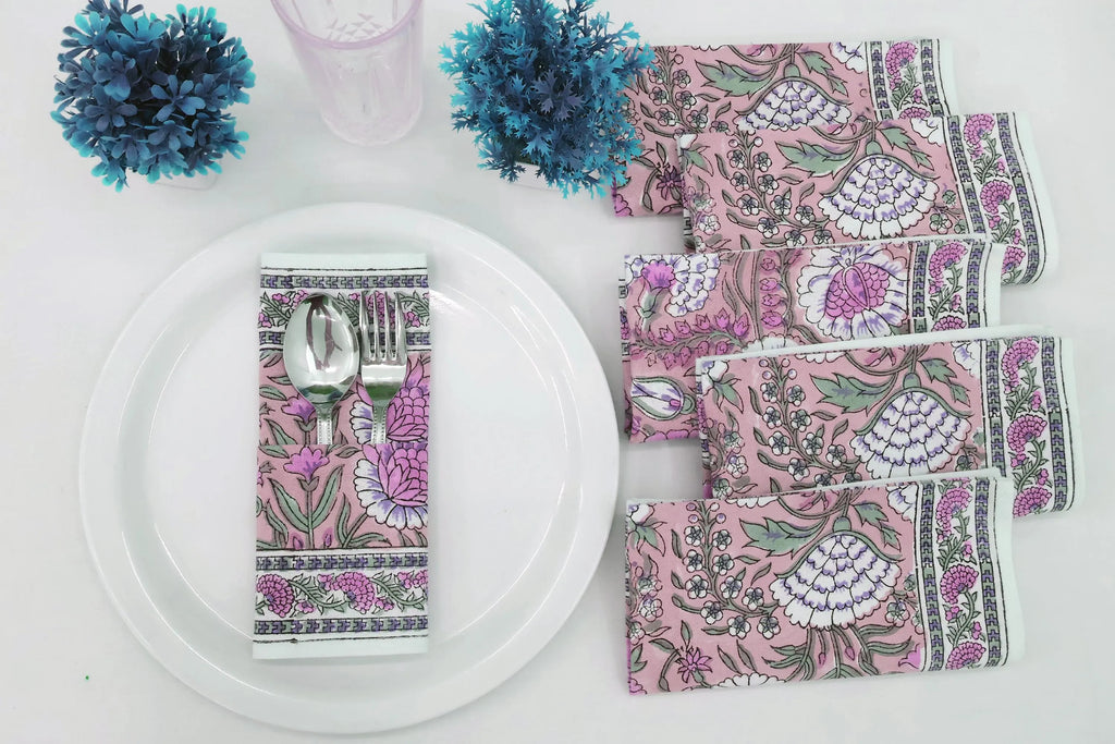 Hand Block Printed Cotton Napkins | Elegant Table Linen- Pink and Green