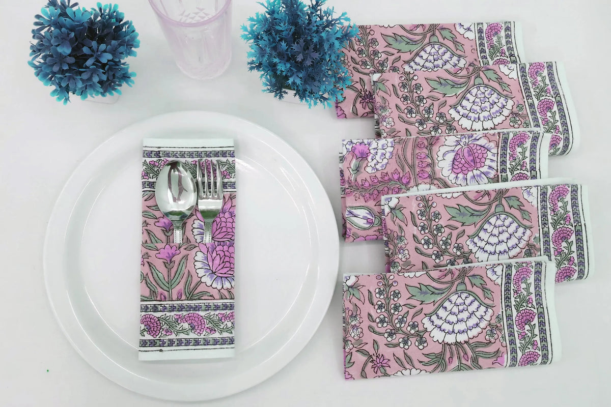 Hand Block Printed Cotton Napkins | Elegant Table Linen- Pink and Green
