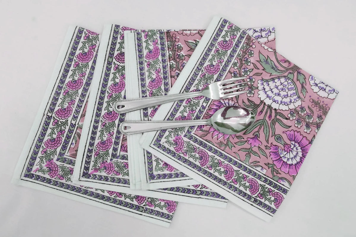 Hand Block Printed Cotton Napkins | Elegant Table Linen- Pink and Green