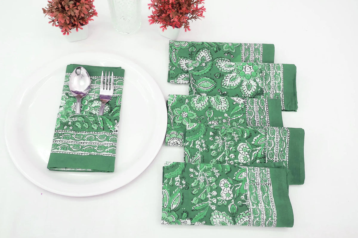 Hand Block Printed Cotton Napkins | Elegant Table Linen- Green and White