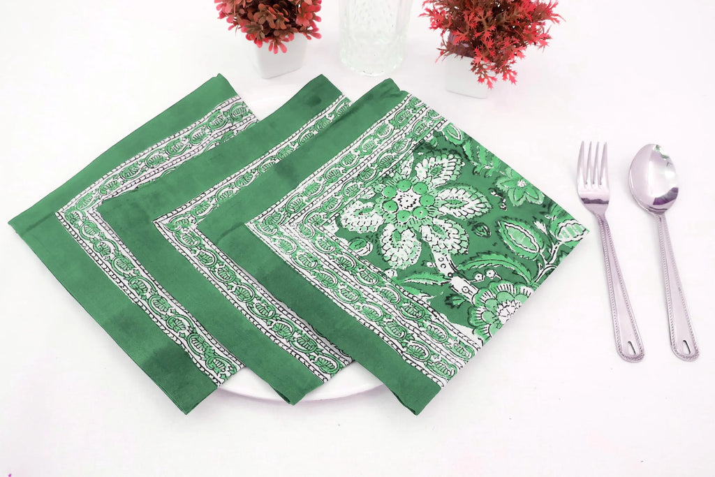 Hand Block Printed Cotton Napkins | Elegant Table Linen- Green and White