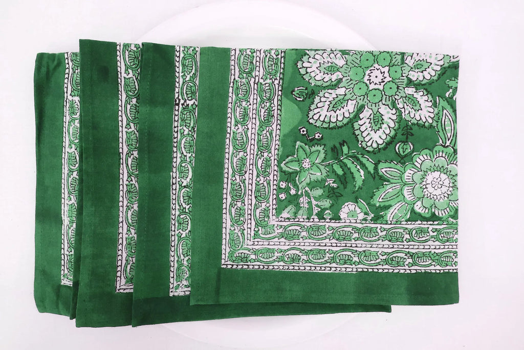 Hand Block Printed Cotton Napkins | Elegant Table Linen- Green and White