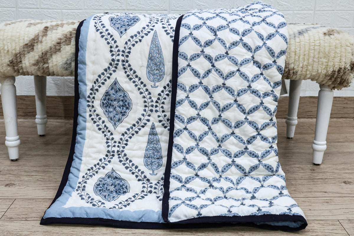 Reversible Cotton Razai & Quilt | Blue Floral Block Print