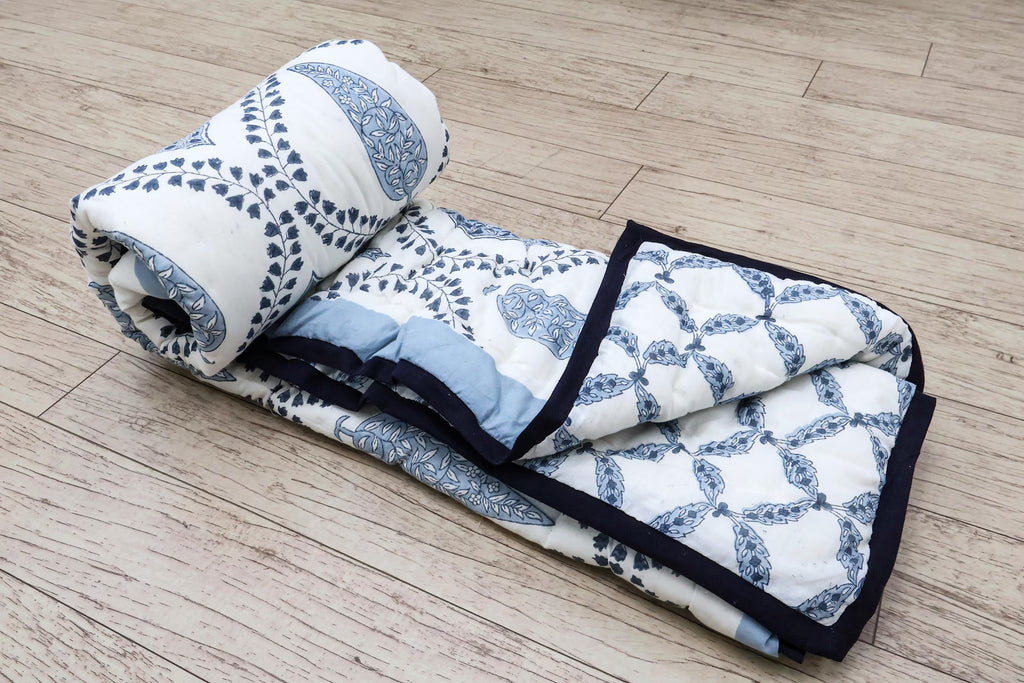Reversible Cotton Razai & Quilt | Blue Floral Block Print