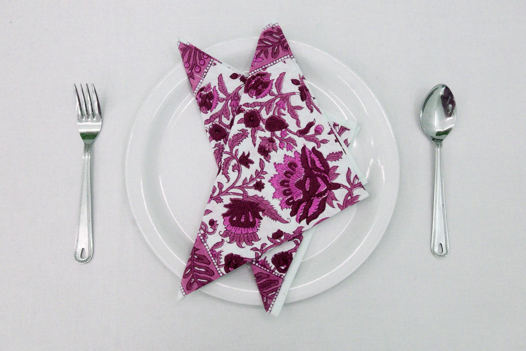 Hand Block Printed Cotton Napkins | Elegant Table Linen- Pink and Maroon