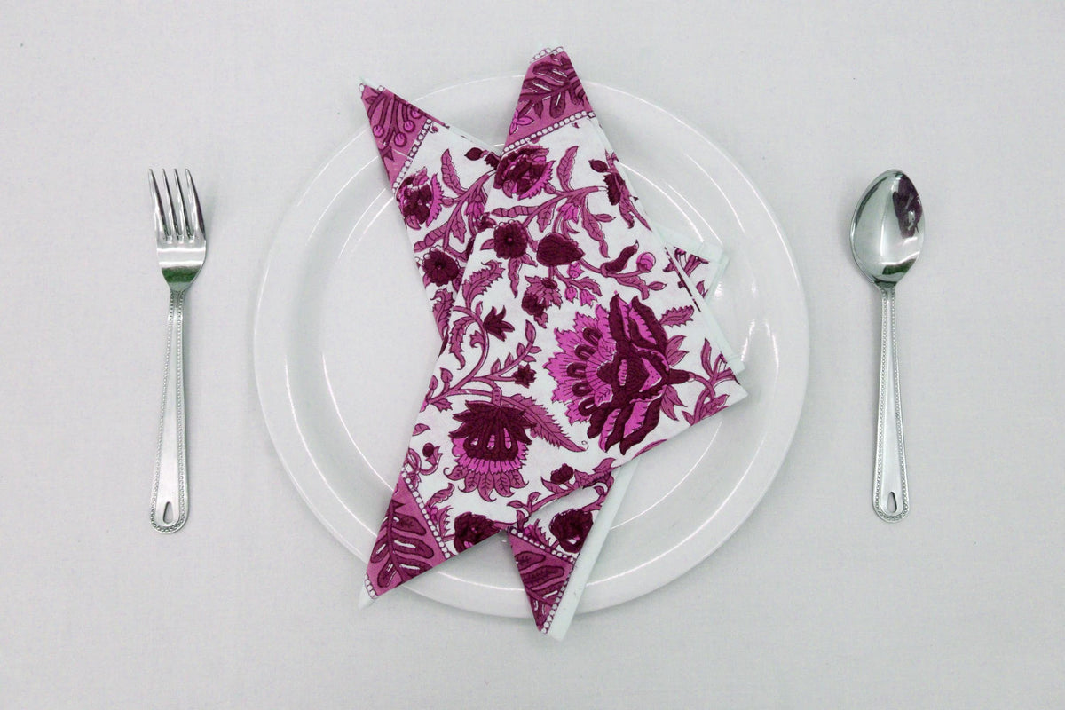 Hand Block Printed Cotton Napkins | Elegant Table Linen- Pink and Maroon