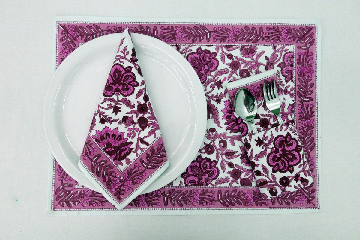 Hand Block Printed Cotton Napkins | Elegant Table Linen- Pink and Maroon