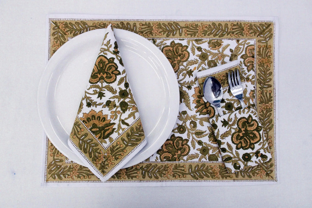 Hand Block Printed Cotton Napkins | Elegant Table Linen- Olive Green and Yellow