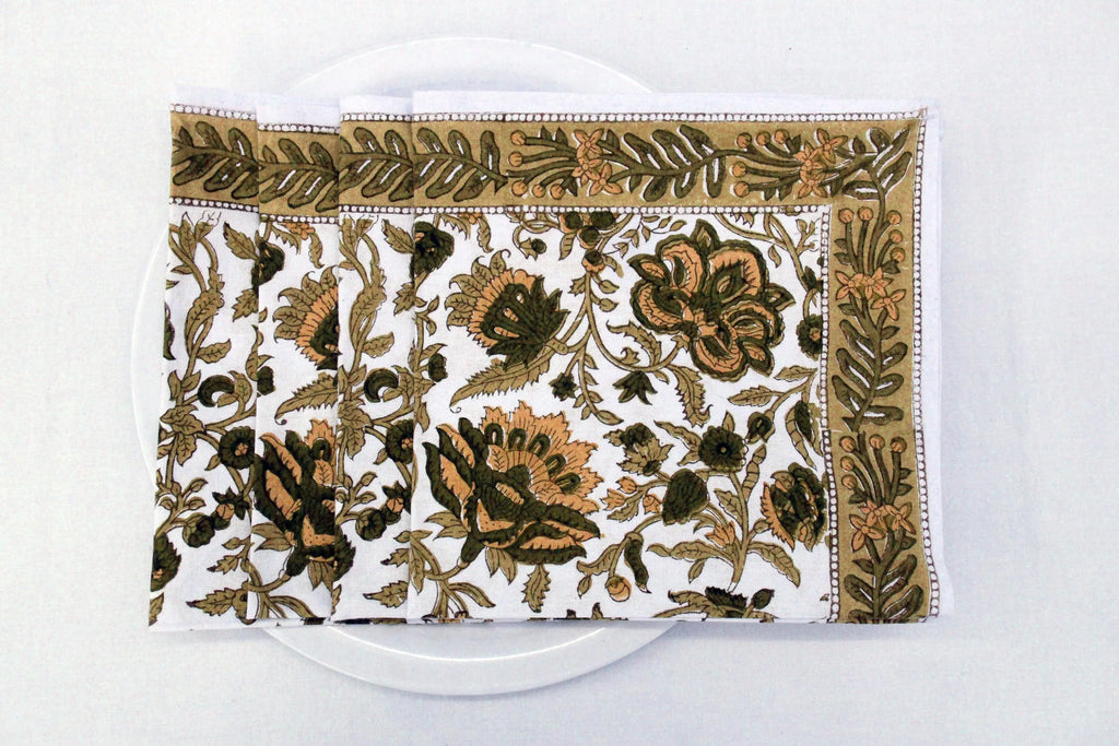 Hand Block Printed Cotton Napkins | Elegant Table Linen- Olive Green and Yellow