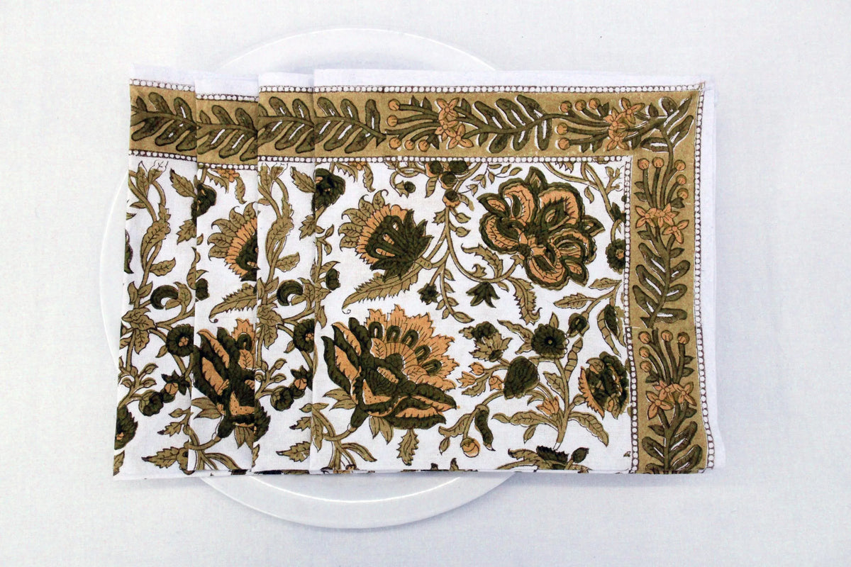 Hand Block Printed Cotton Napkins | Elegant Table Linen- Olive Green and Yellow
