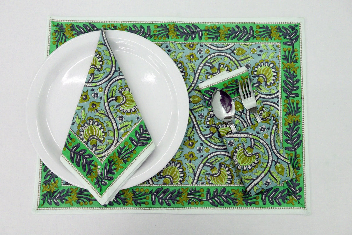 Hand Block Printed Cotton Napkins | Elegant Table Linen- Green and Blue