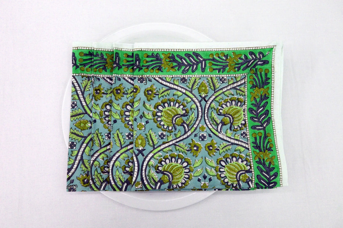 Hand Block Printed Cotton Napkins | Elegant Table Linen- Green and Blue