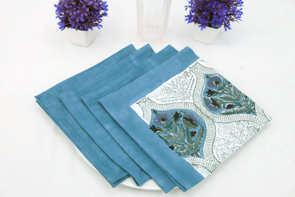 Hand Block Printed Cotton Napkins | Elegant Table Linen- Blue and Purple
