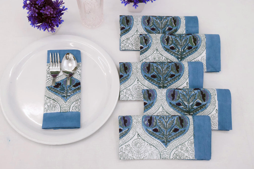 Hand Block Printed Cotton Napkins | Elegant Table Linen- Blue and Purple