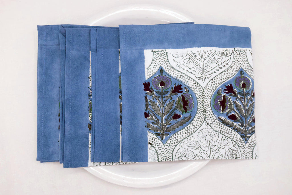Hand Block Printed Cotton Napkins | Elegant Table Linen- Blue and Purple