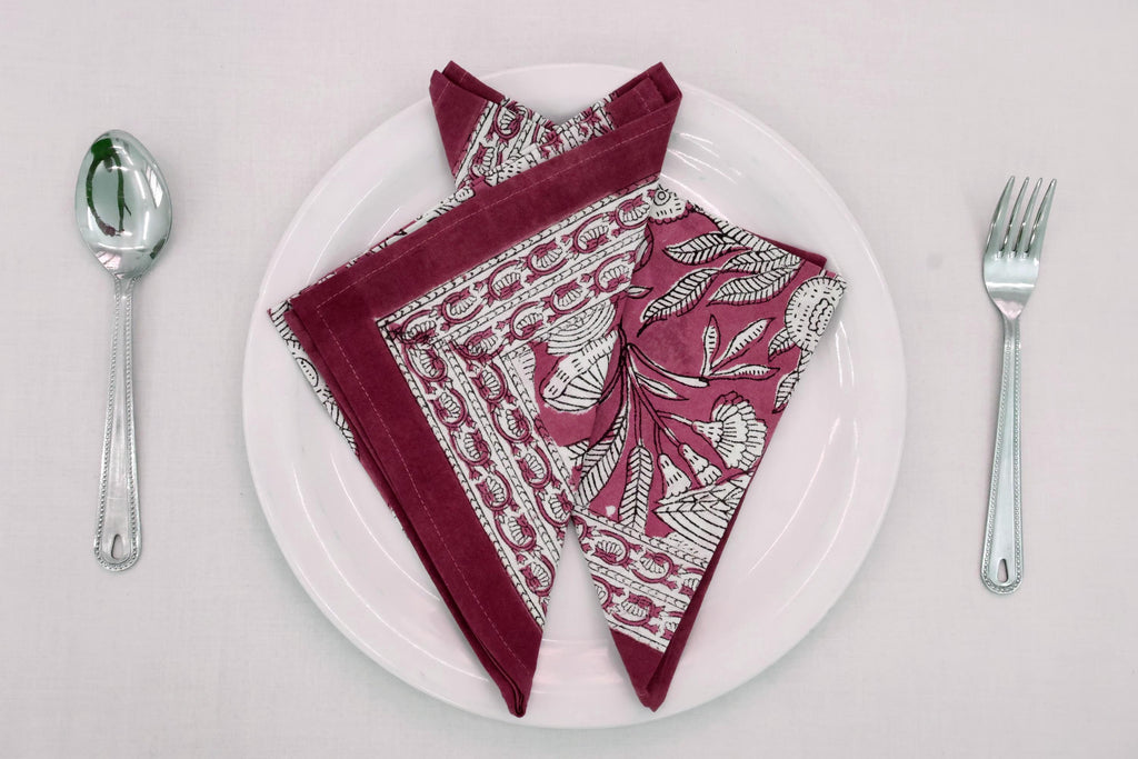 Hand Block Printed Cotton Napkins | Elegant Table Linen- Red and White