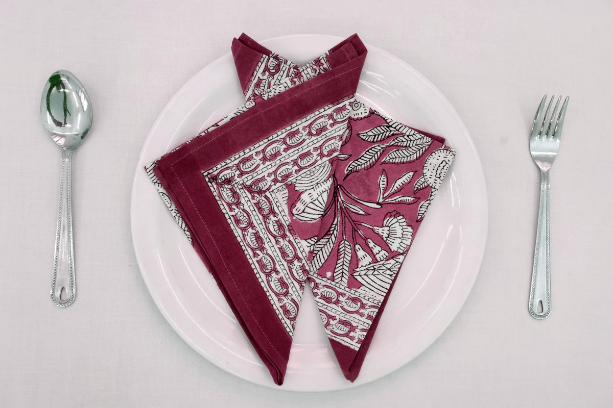 Hand Block Printed Cotton Napkins | Elegant Table Linen- Red and White