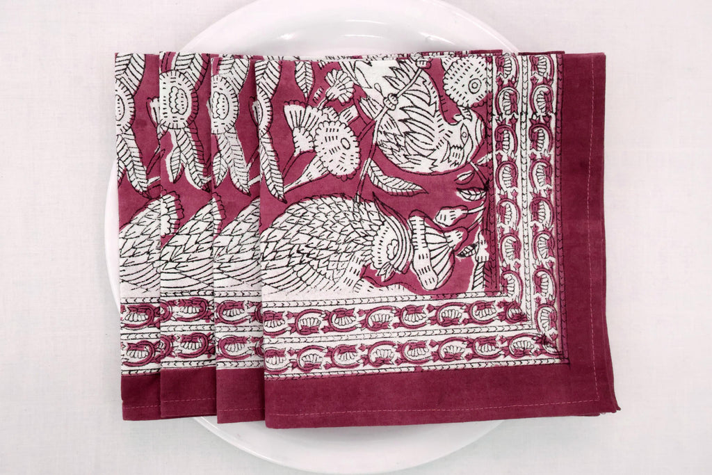 Hand Block Printed Cotton Napkins | Elegant Table Linen- Red and White